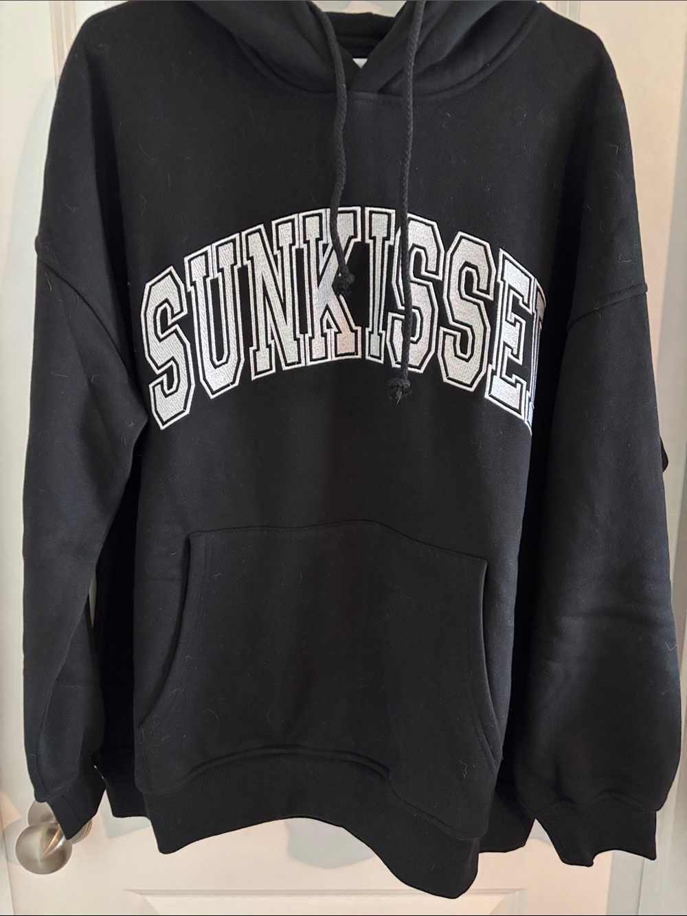 Women’s Black Crewneck Hoodie with 'SUNKISSED' Chest Graphic- NEVER WORN